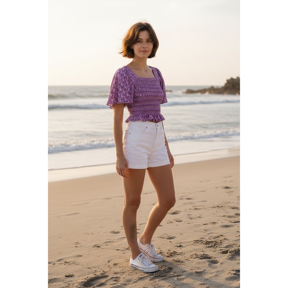 Simply Southern Smocked Top Purple Pink Paisley Flutter Sleeve S